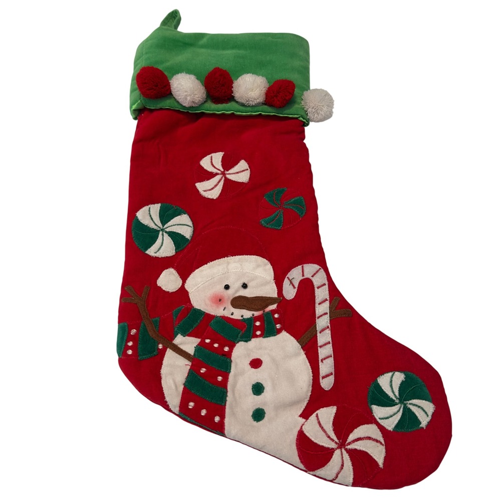 Vtg Christmas Stocking Snowman Candy Applique Green Cuff Red Velvety Pom Pom‎